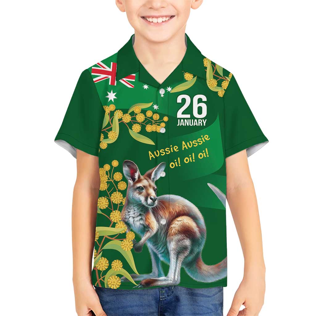 Green Kangaroo and Golden Wattle Personalised Family Matching Long Sleeve Bodycon Dress and Hawaiian Shirt Happy Australia Day 6 January