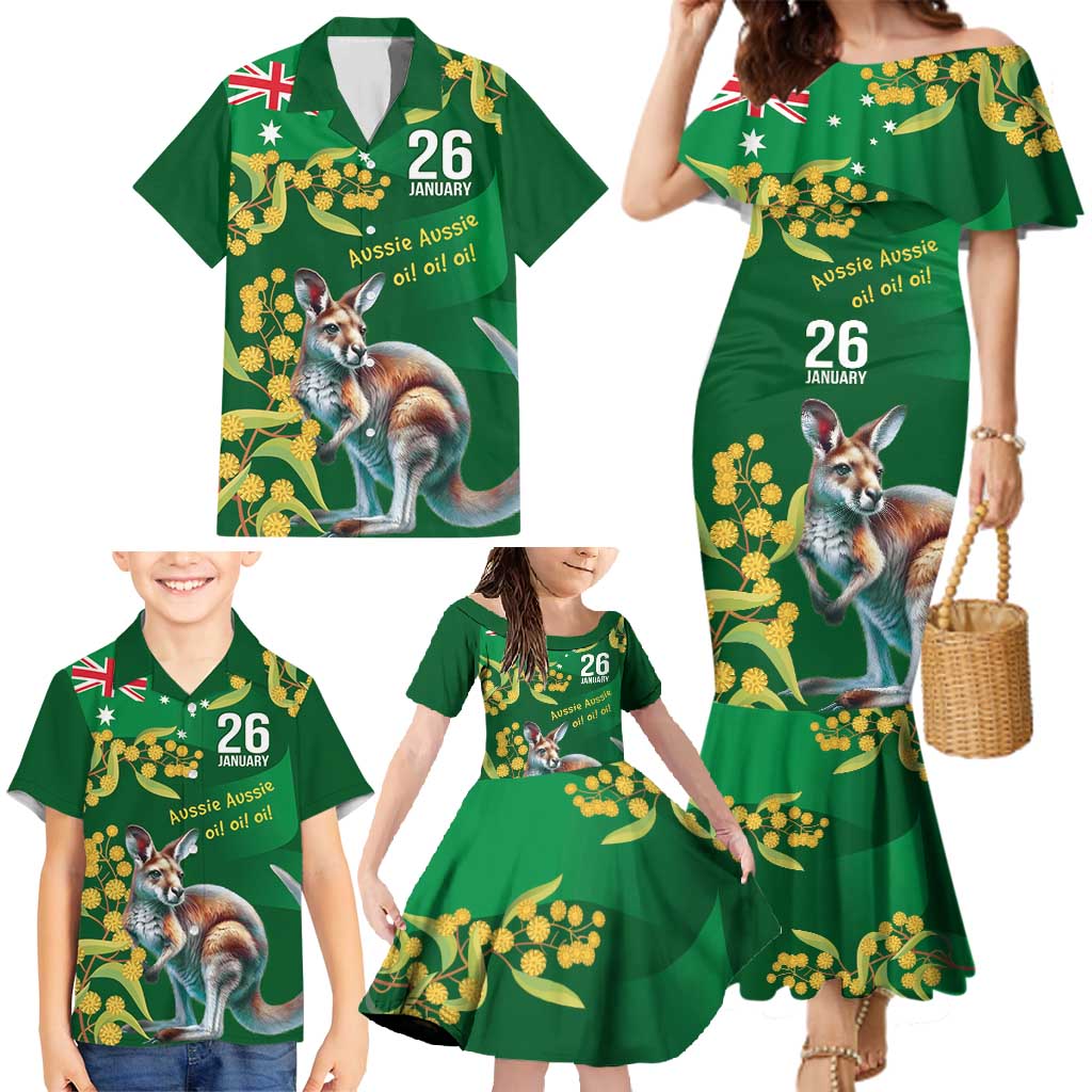 Green Kangaroo and Golden Wattle Personalised Family Matching Mermaid Dress and Hawaiian Shirt Happy Australia Day 6 January