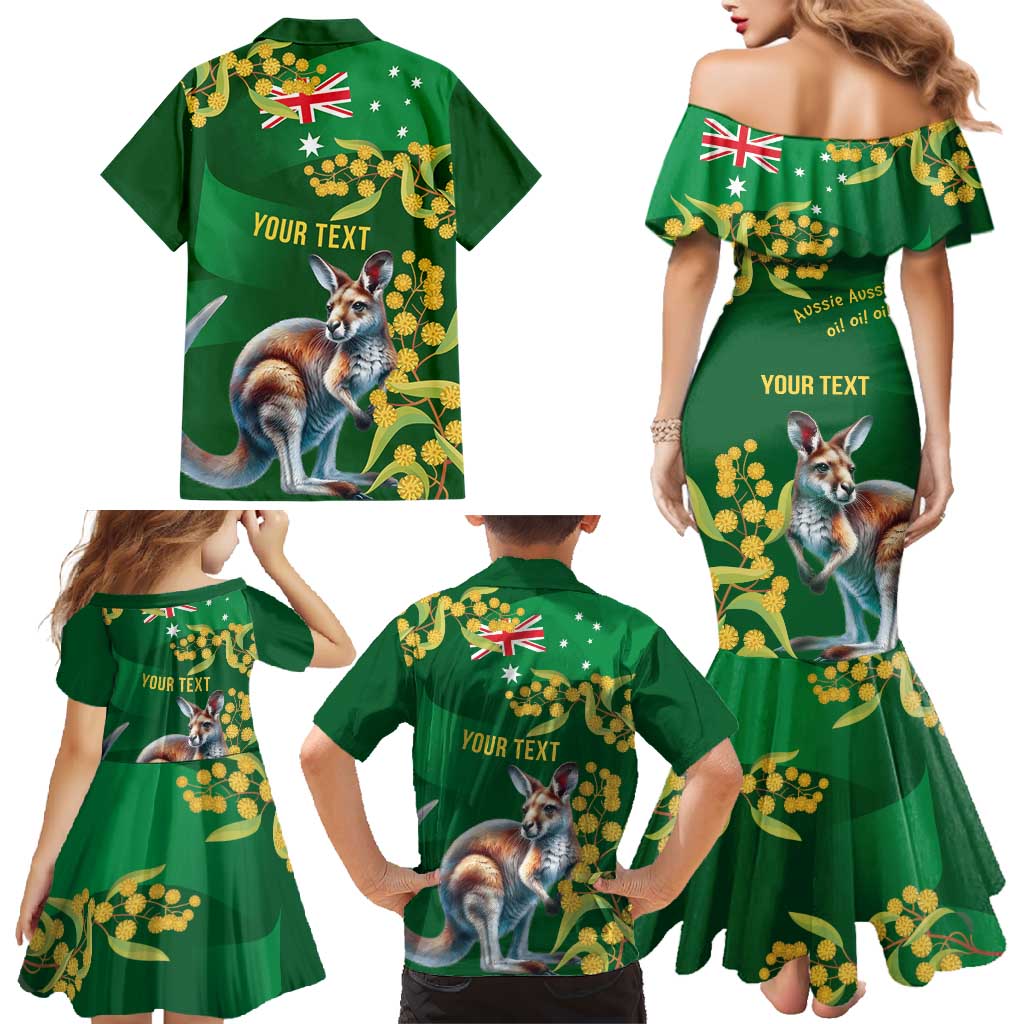 Green Kangaroo and Golden Wattle Personalised Family Matching Mermaid Dress and Hawaiian Shirt Happy Australia Day 6 January