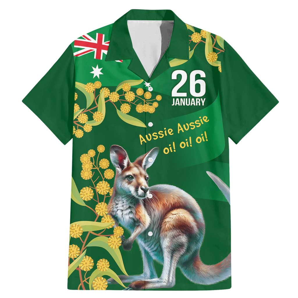 Green Kangaroo and Golden Wattle Personalised Family Matching Mermaid Dress and Hawaiian Shirt Happy Australia Day 6 January