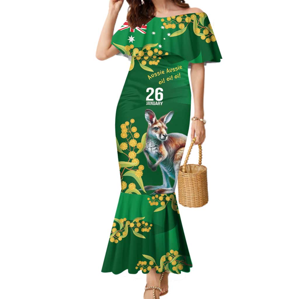 Green Kangaroo and Golden Wattle Personalised Family Matching Mermaid Dress and Hawaiian Shirt Happy Australia Day 6 January