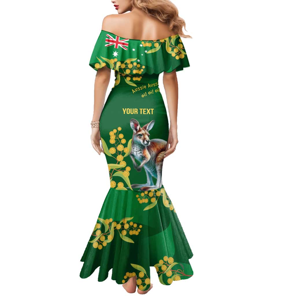 Green Kangaroo and Golden Wattle Personalised Family Matching Mermaid Dress and Hawaiian Shirt Happy Australia Day 6 January