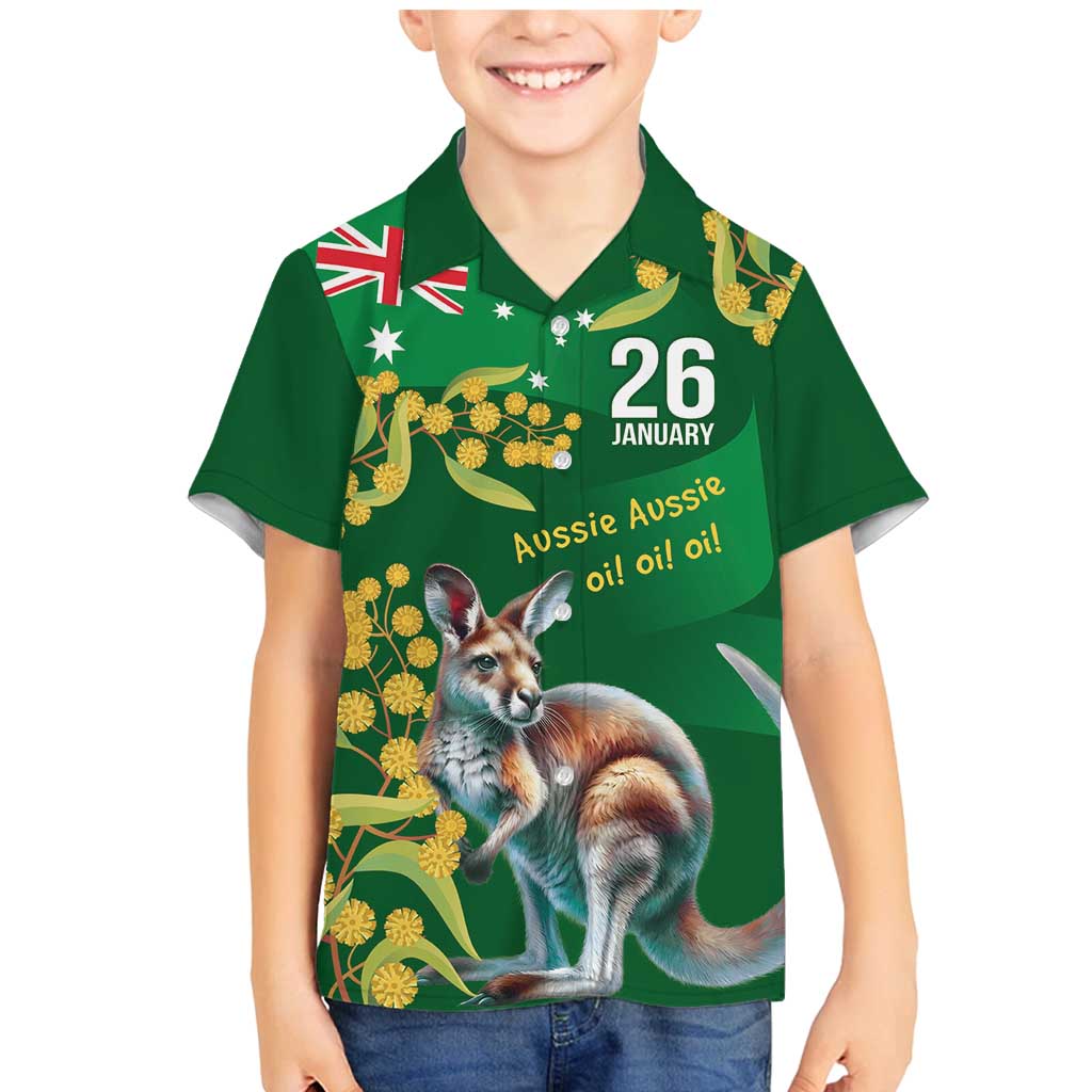 Green Kangaroo and Golden Wattle Personalised Family Matching Mermaid Dress and Hawaiian Shirt Happy Australia Day 6 January