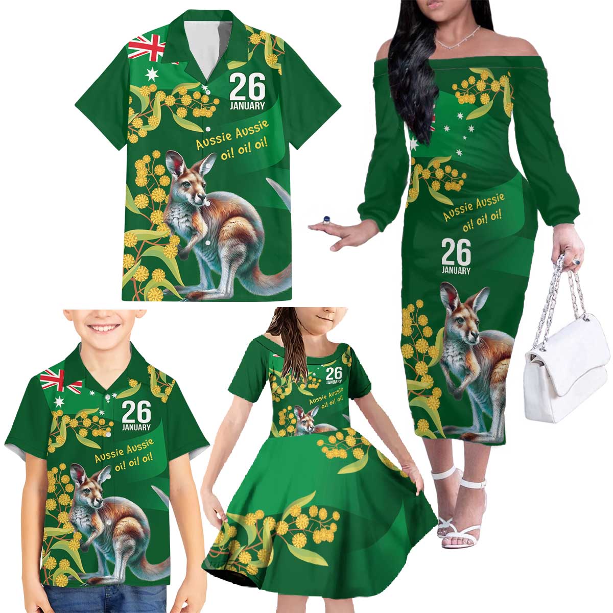 Green Kangaroo and Golden Wattle Personalised Family Matching Off The Shoulder Long Sleeve Dress and Hawaiian Shirt Happy Australia Day 6 January