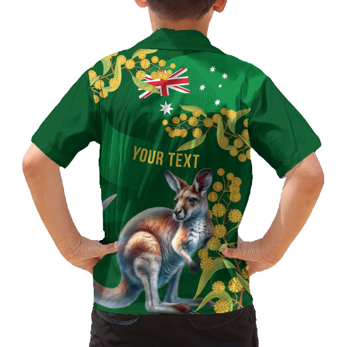 Green Kangaroo and Golden Wattle Personalised Family Matching Off The Shoulder Long Sleeve Dress and Hawaiian Shirt Happy Australia Day 6 January