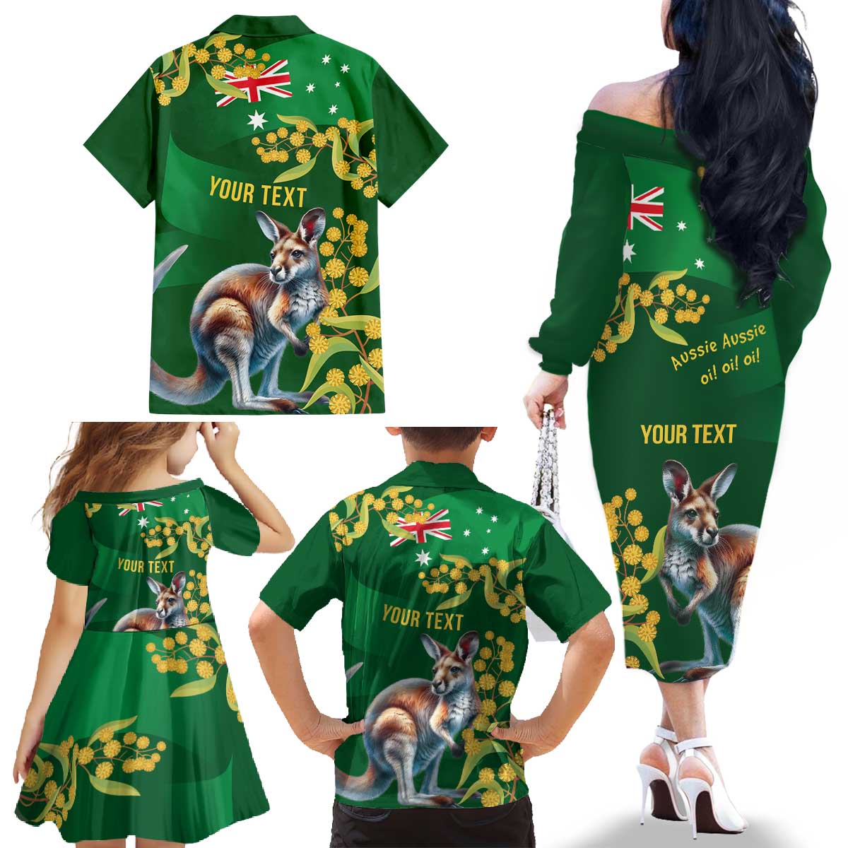 Green Kangaroo and Golden Wattle Personalised Family Matching Off The Shoulder Long Sleeve Dress and Hawaiian Shirt Happy Australia Day 6 January