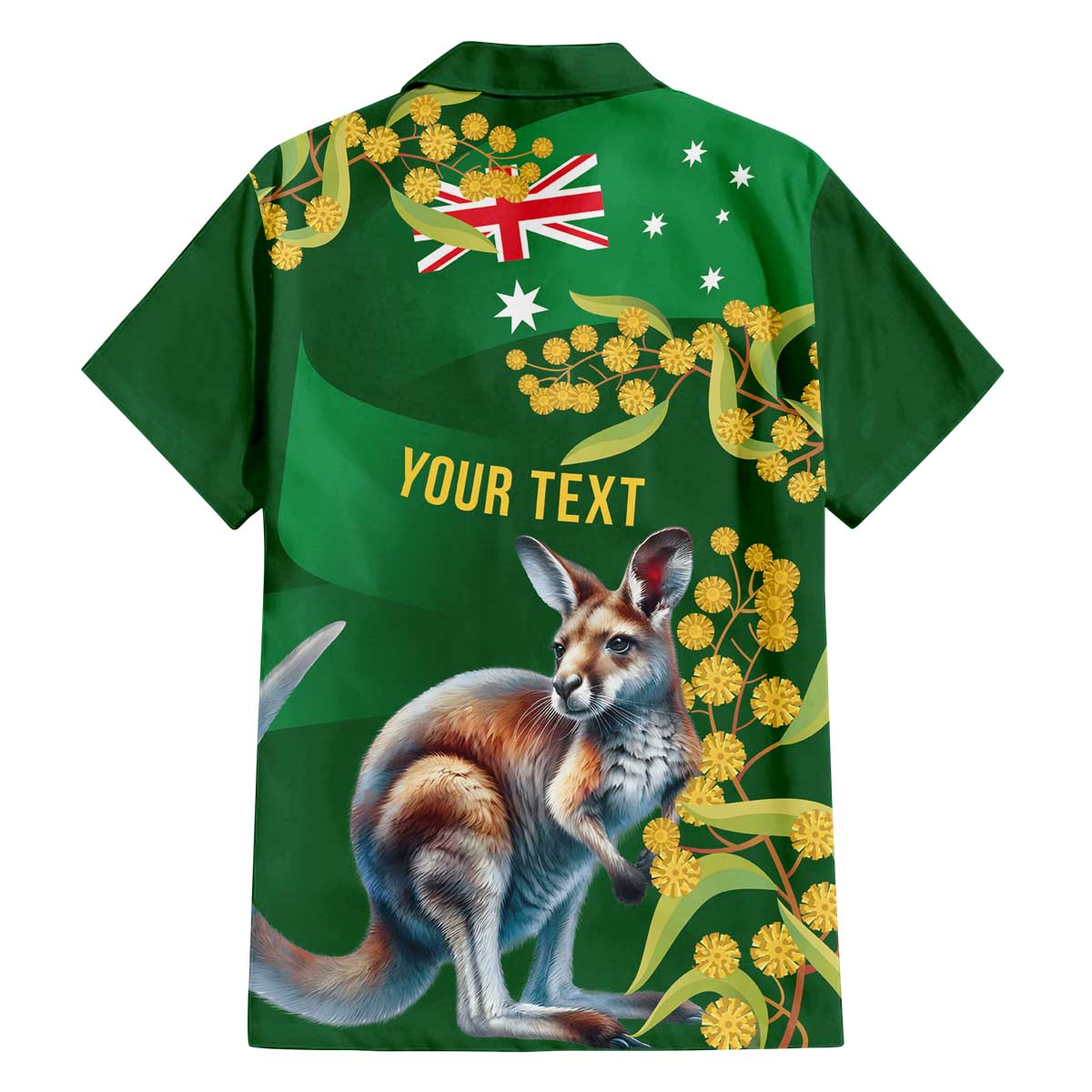 Green Kangaroo and Golden Wattle Personalised Family Matching Off The Shoulder Long Sleeve Dress and Hawaiian Shirt Happy Australia Day 6 January