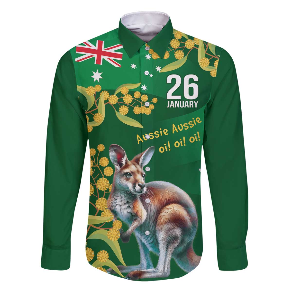 Green Kangaroo and Golden Wattle Personalised Family Matching Off The Shoulder Long Sleeve Dress and Hawaiian Shirt Happy Australia Day 6 January