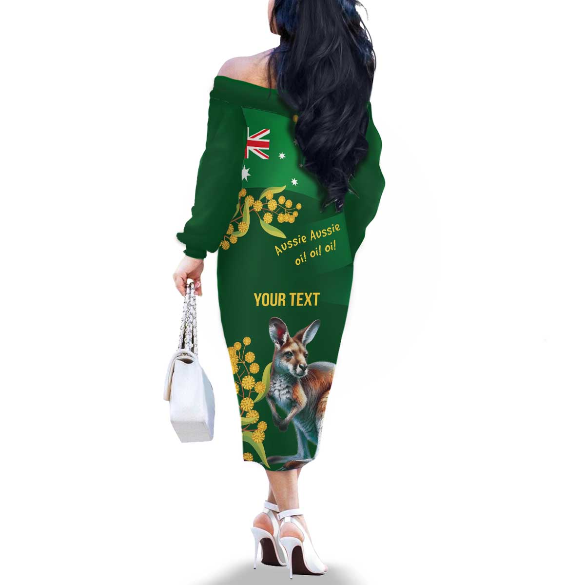 Green Kangaroo and Golden Wattle Personalised Family Matching Off The Shoulder Long Sleeve Dress and Hawaiian Shirt Happy Australia Day 6 January