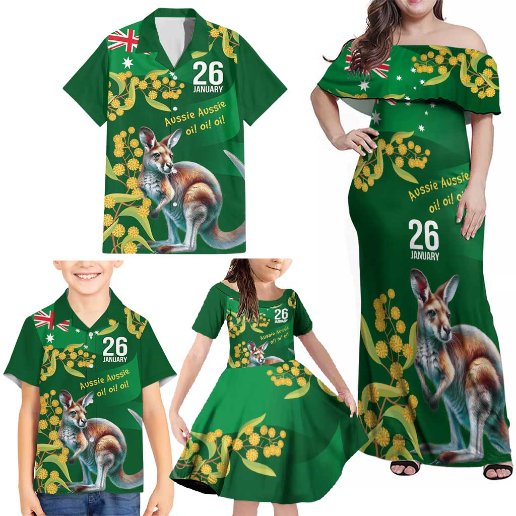 Green Kangaroo and Golden Wattle Personalised Family Matching Off Shoulder Maxi Dress and Hawaiian Shirt Happy Australia Day 6 January