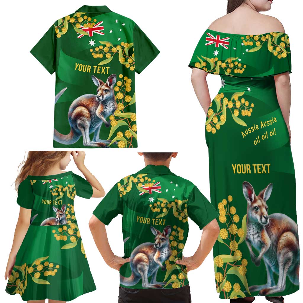 Green Kangaroo and Golden Wattle Personalised Family Matching Off Shoulder Maxi Dress and Hawaiian Shirt Happy Australia Day 6 January