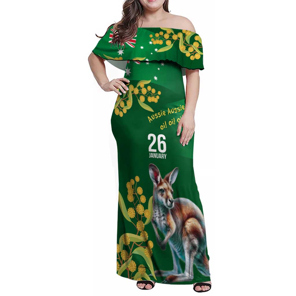 Green Kangaroo and Golden Wattle Personalised Family Matching Off Shoulder Maxi Dress and Hawaiian Shirt Happy Australia Day 6 January