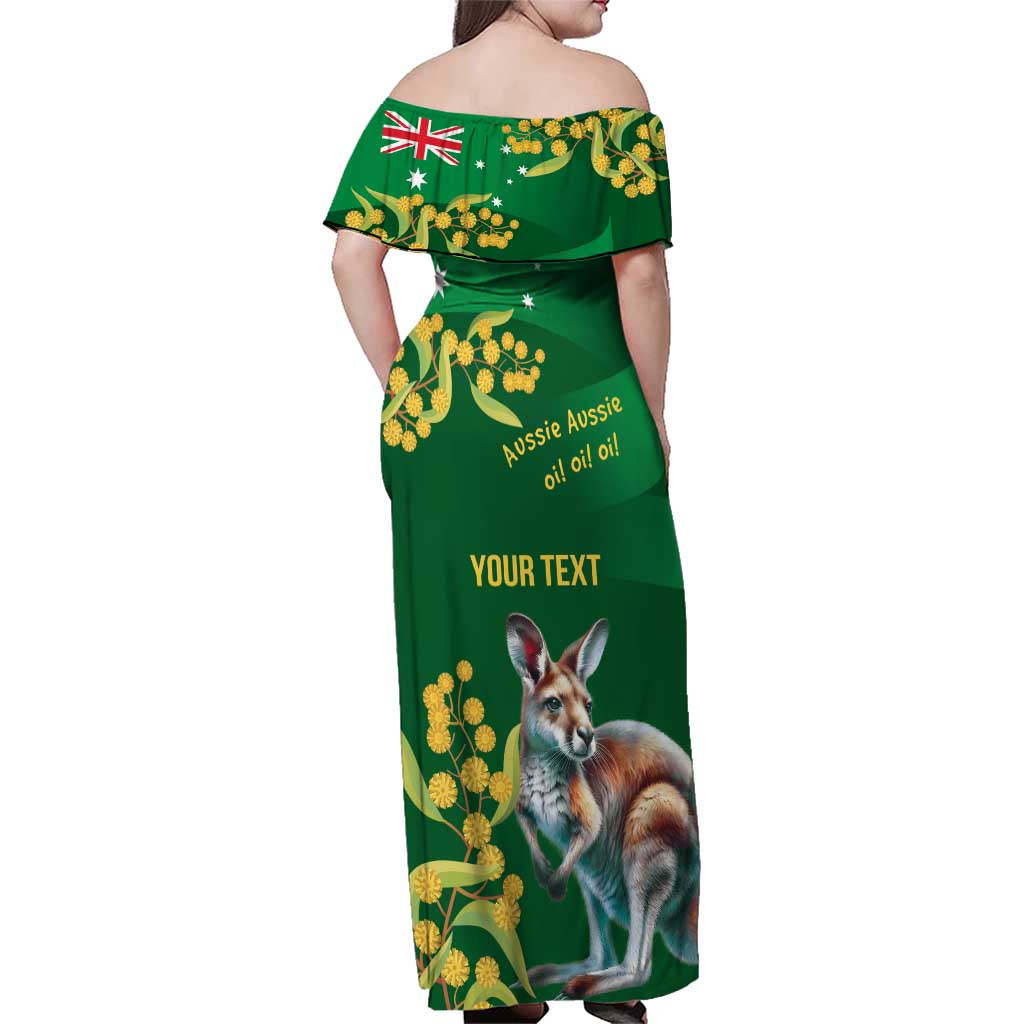 Green Kangaroo and Golden Wattle Personalised Family Matching Off Shoulder Maxi Dress and Hawaiian Shirt Happy Australia Day 6 January