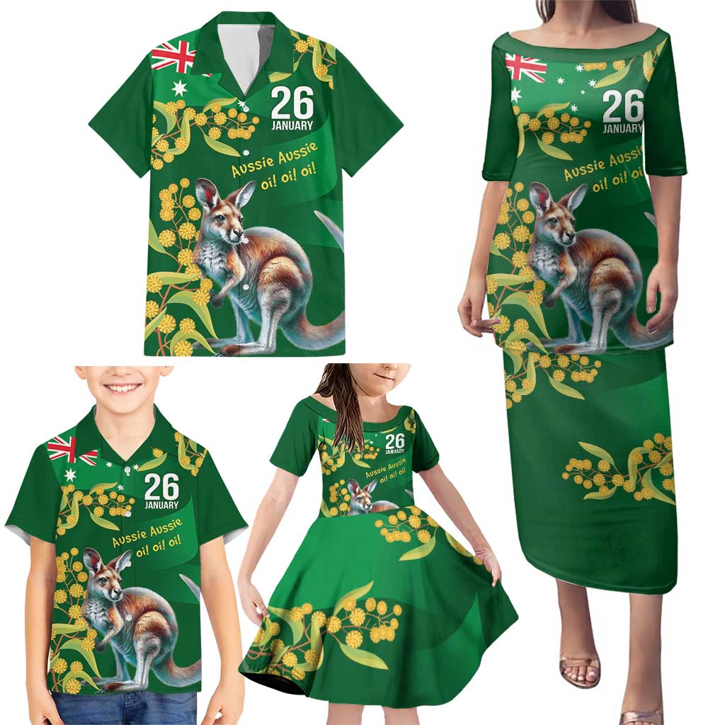 Green Kangaroo and Golden Wattle Personalised Family Matching Puletasi and Hawaiian Shirt Happy Australia Day 6 January