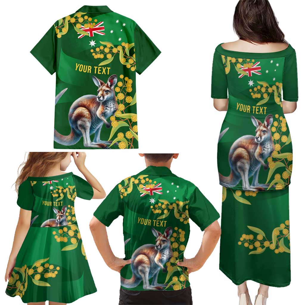 Green Kangaroo and Golden Wattle Personalised Family Matching Puletasi and Hawaiian Shirt Happy Australia Day 6 January