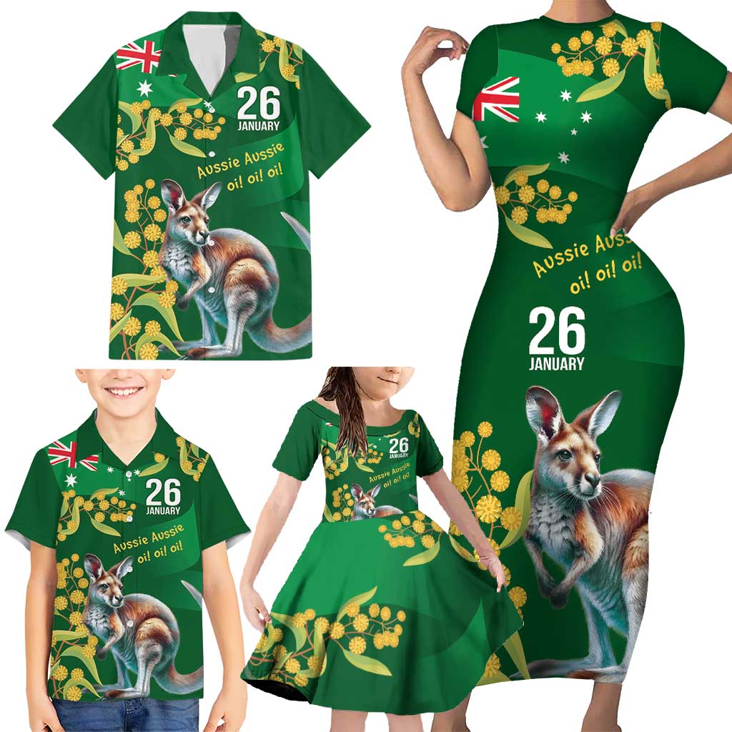 Green Kangaroo and Golden Wattle Personalised Family Matching Short Sleeve Bodycon Dress and Hawaiian Shirt Happy Australia Day 6 January