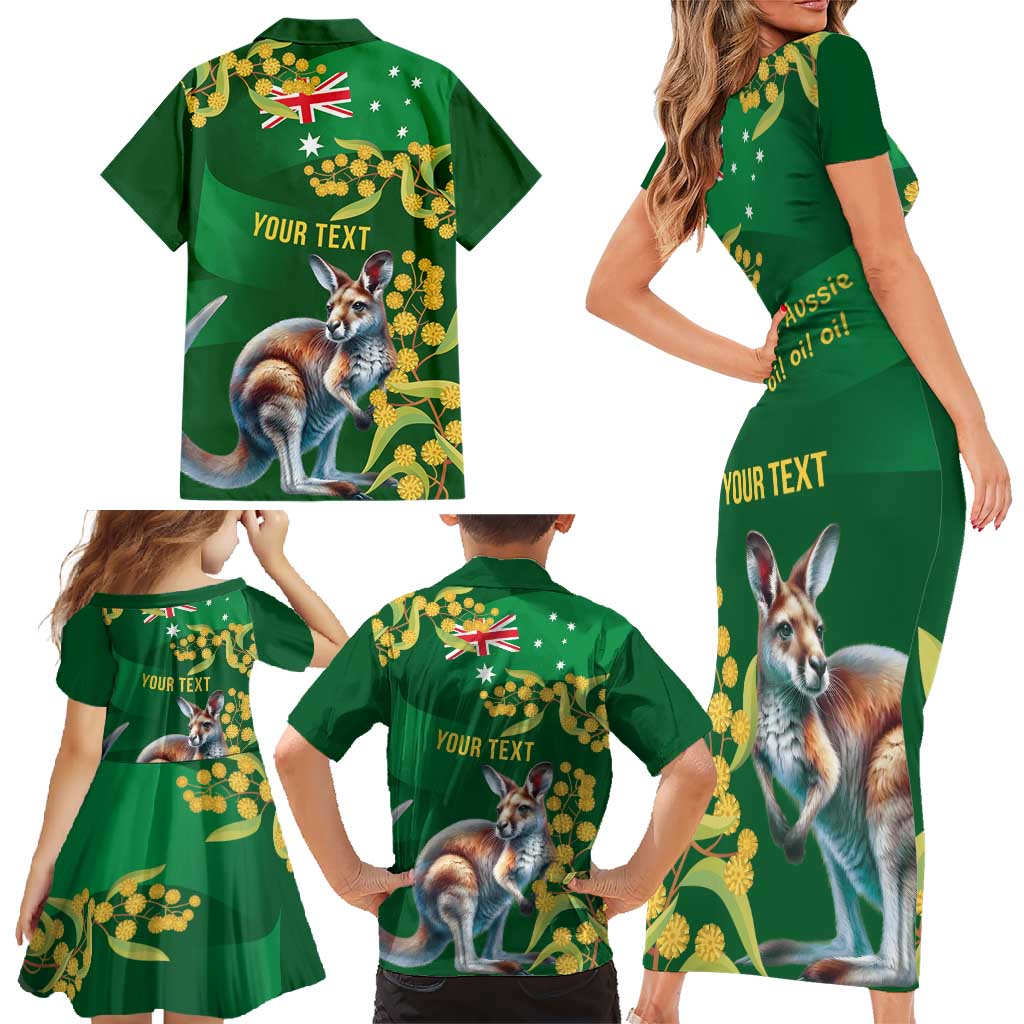 Green Kangaroo and Golden Wattle Personalised Family Matching Short Sleeve Bodycon Dress and Hawaiian Shirt Happy Australia Day 6 January