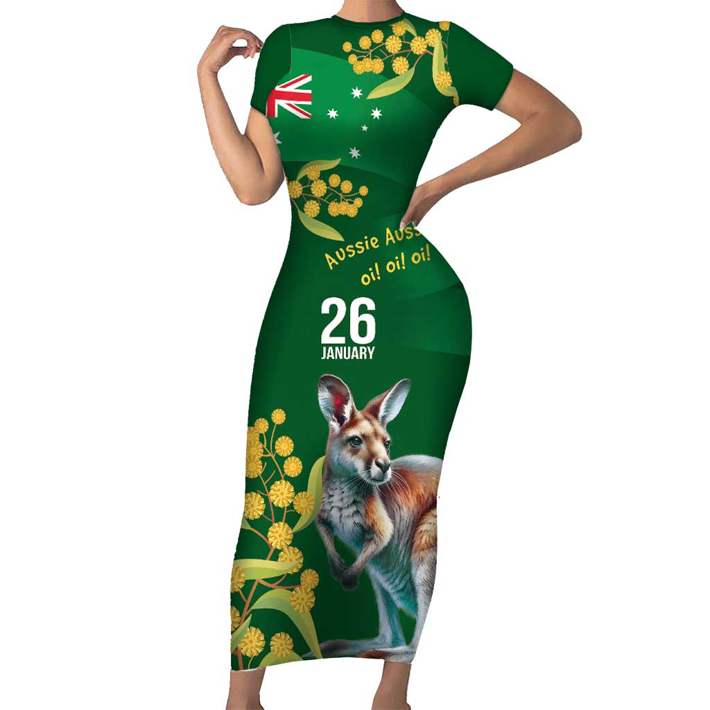 Green Kangaroo and Golden Wattle Personalised Family Matching Short Sleeve Bodycon Dress and Hawaiian Shirt Happy Australia Day 6 January