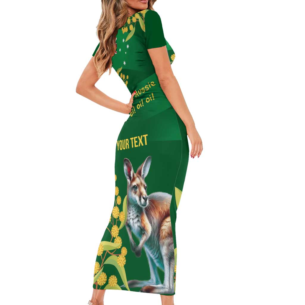 Green Kangaroo and Golden Wattle Personalised Family Matching Short Sleeve Bodycon Dress and Hawaiian Shirt Happy Australia Day 6 January