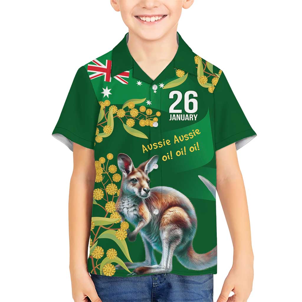 Green Kangaroo and Golden Wattle Personalised Family Matching Short Sleeve Bodycon Dress and Hawaiian Shirt Happy Australia Day 6 January