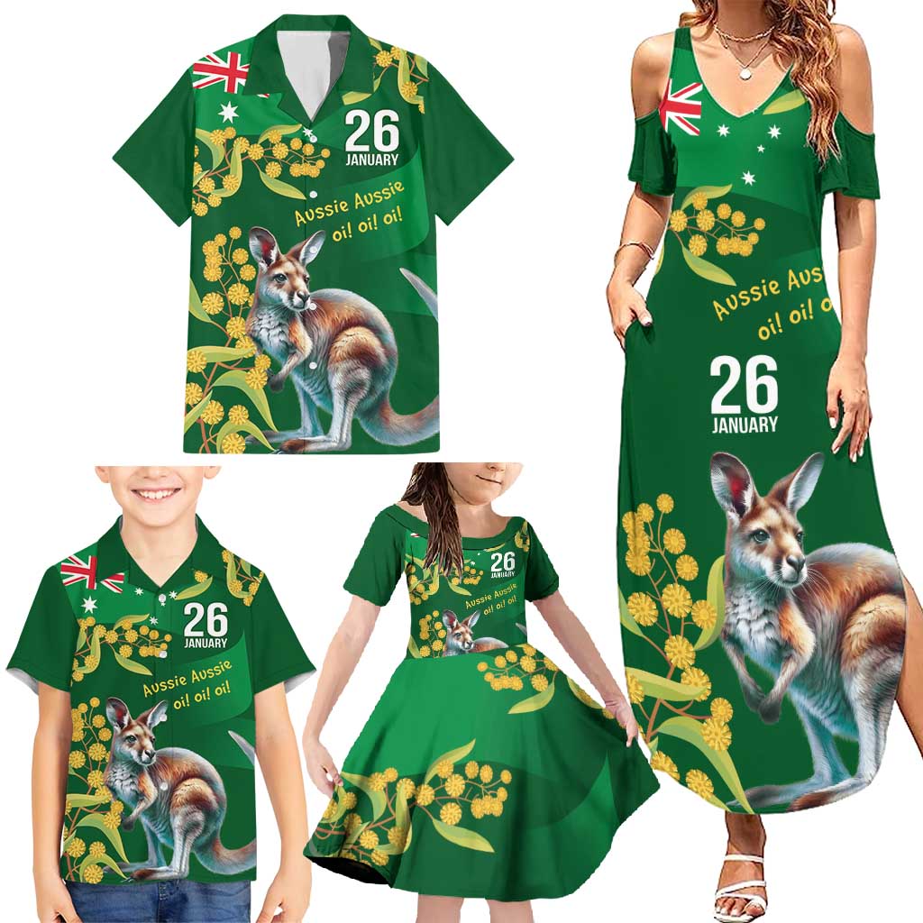 Green Kangaroo and Golden Wattle Personalised Family Matching Summer Maxi Dress and Hawaiian Shirt Happy Australia Day 6 January