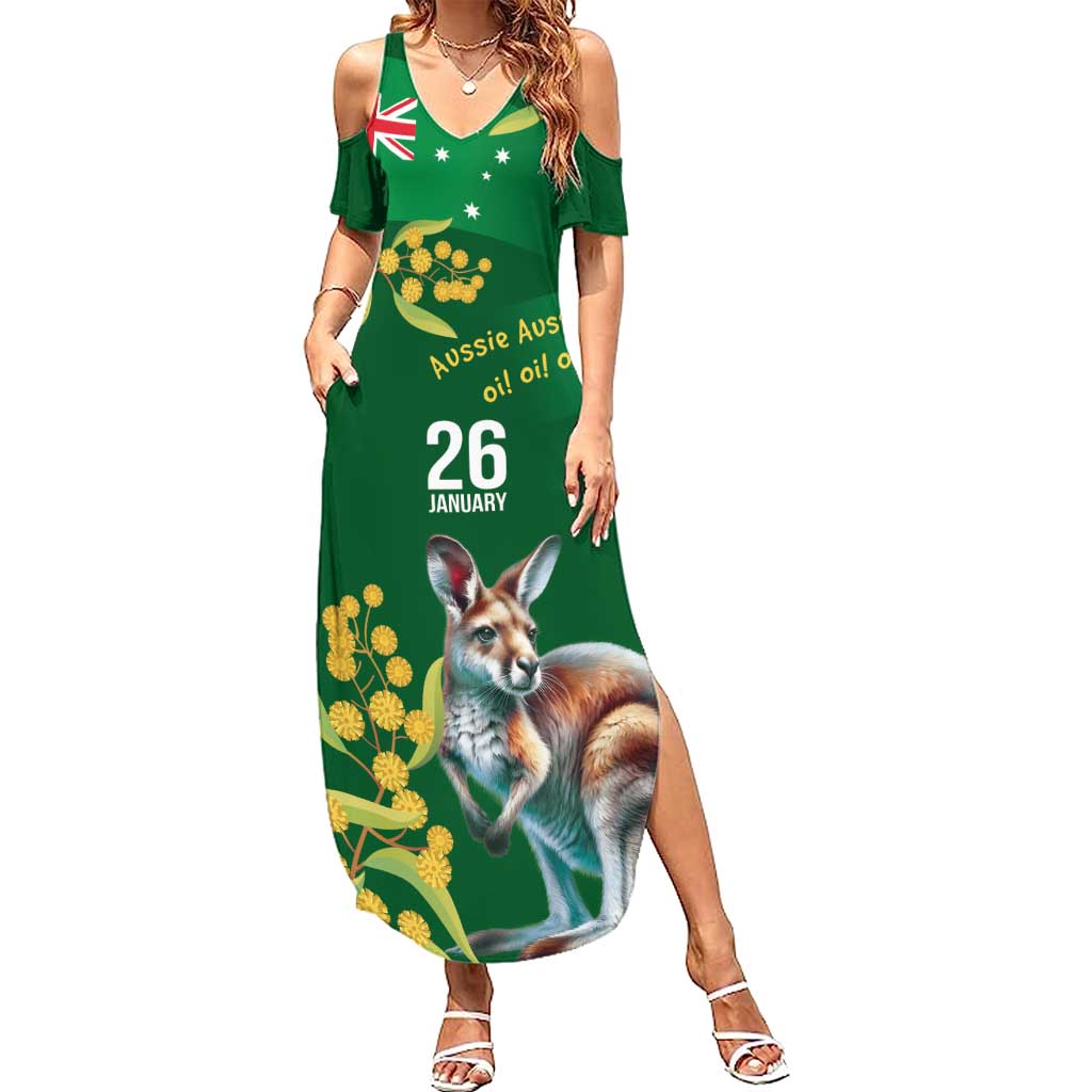 Green Kangaroo and Golden Wattle Personalised Family Matching Summer Maxi Dress and Hawaiian Shirt Happy Australia Day 6 January