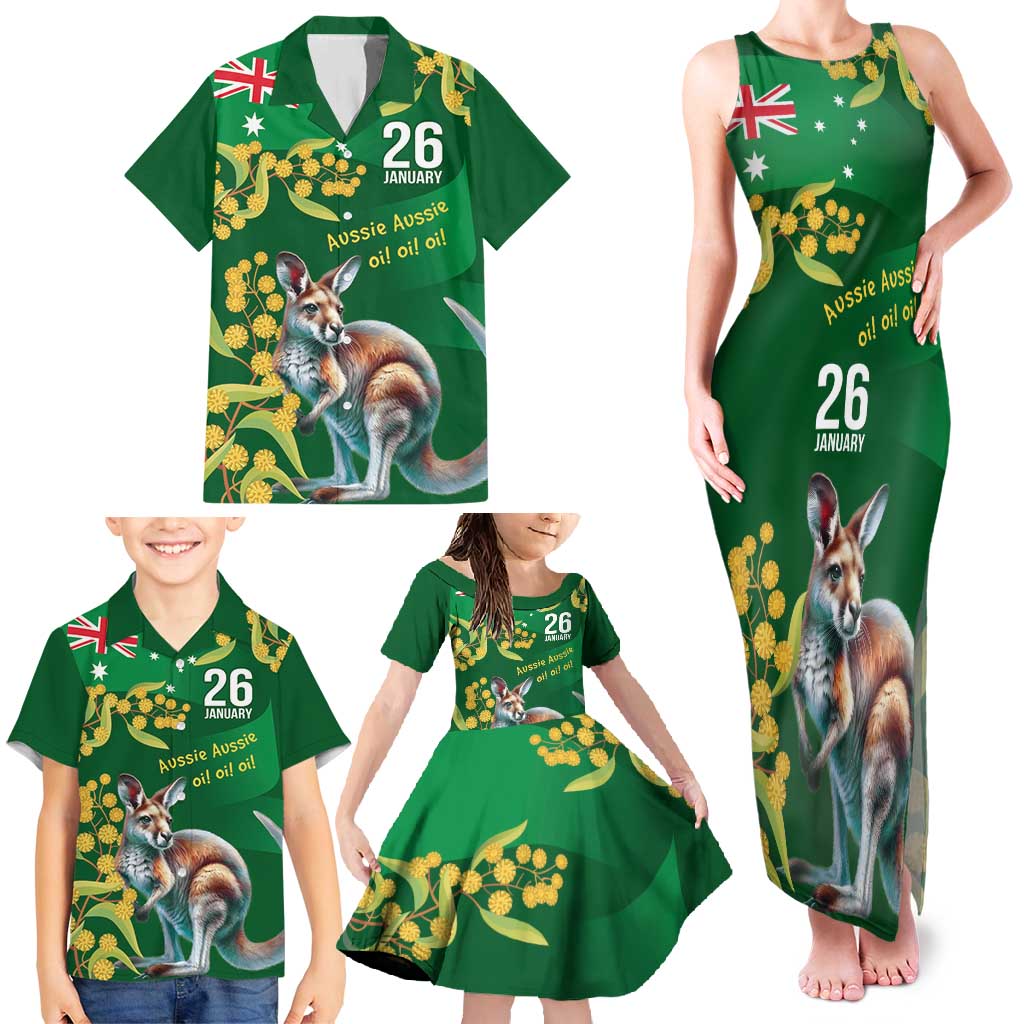 Green Kangaroo and Golden Wattle Personalised Family Matching Tank Maxi Dress and Hawaiian Shirt Happy Australia Day 6 January