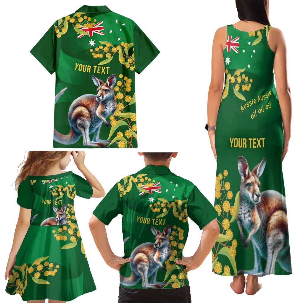 Green Kangaroo and Golden Wattle Personalised Family Matching Tank Maxi Dress and Hawaiian Shirt Happy Australia Day 6 January