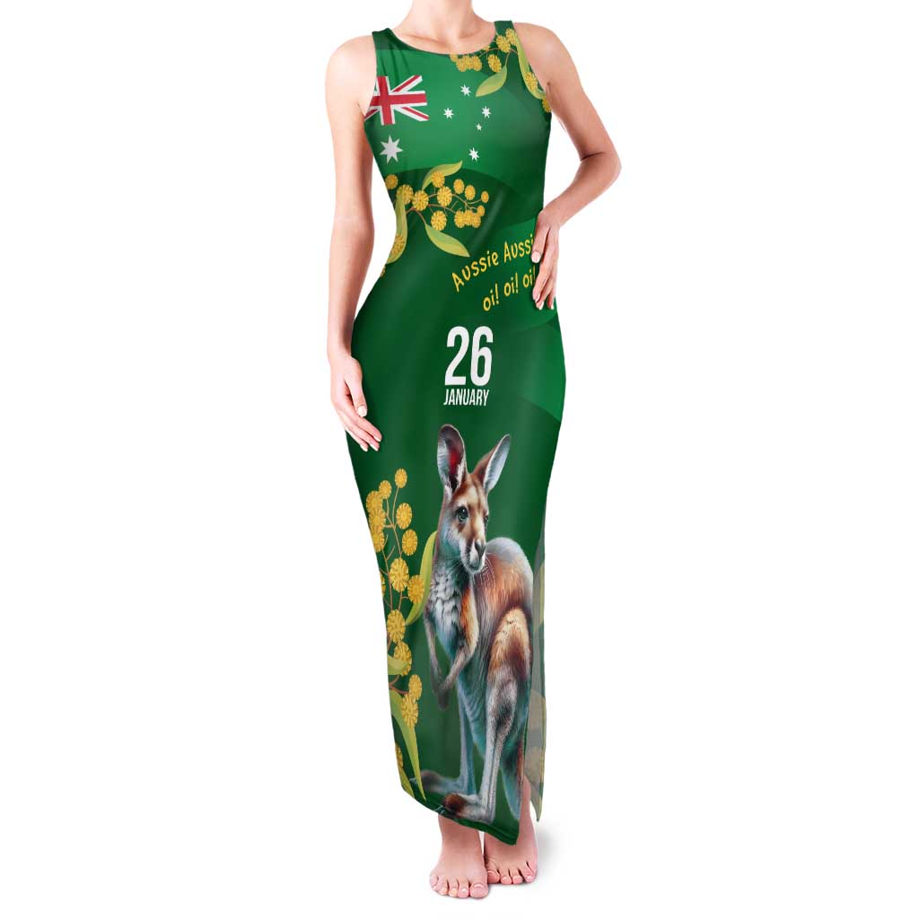 Green Kangaroo and Golden Wattle Personalised Family Matching Tank Maxi Dress and Hawaiian Shirt Happy Australia Day 6 January