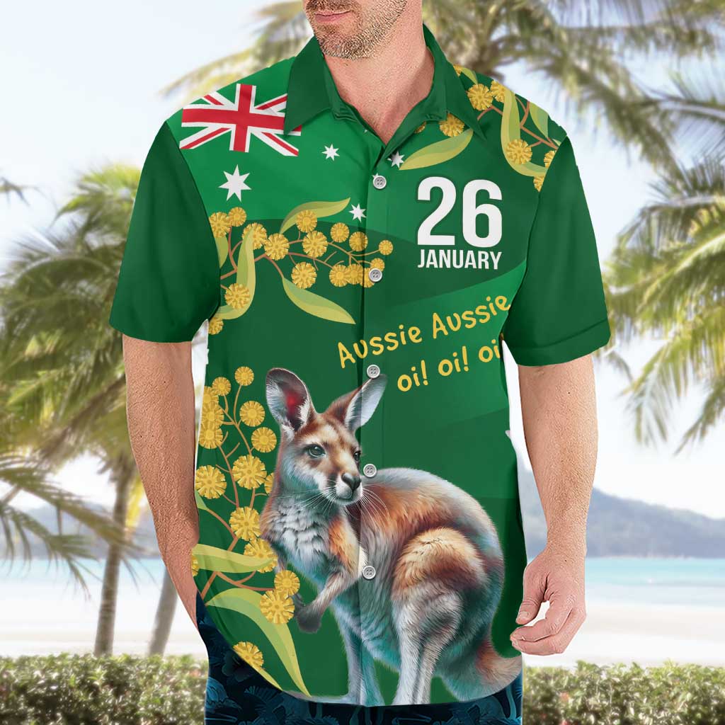 Green Kangaroo and Golden Wattle Personalised Hawaiian Shirt Happy Australia Day 6 January - Vibe Hoodie Shop