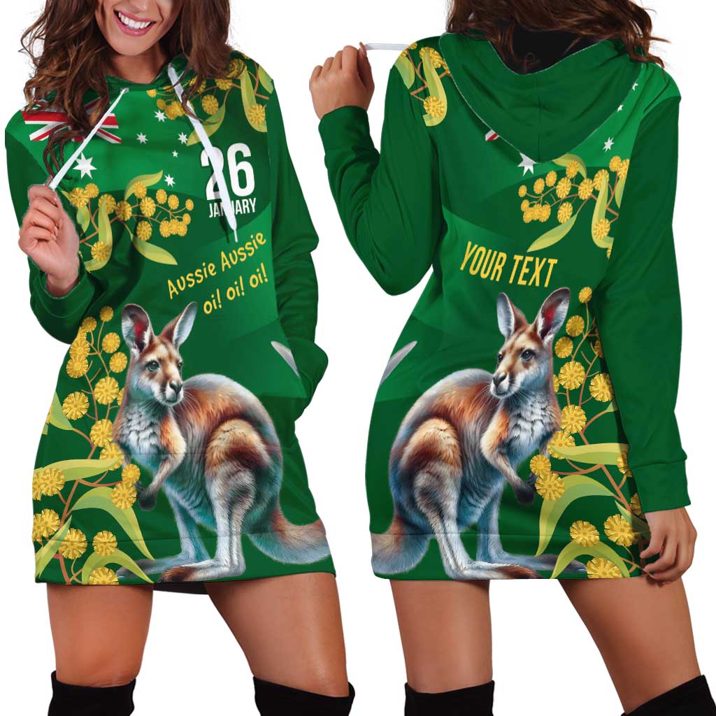 Green Kangaroo and Golden Wattle Personalised Hoodie Dress Happy Australia Day 6 January - Vibe Hoodie Shop