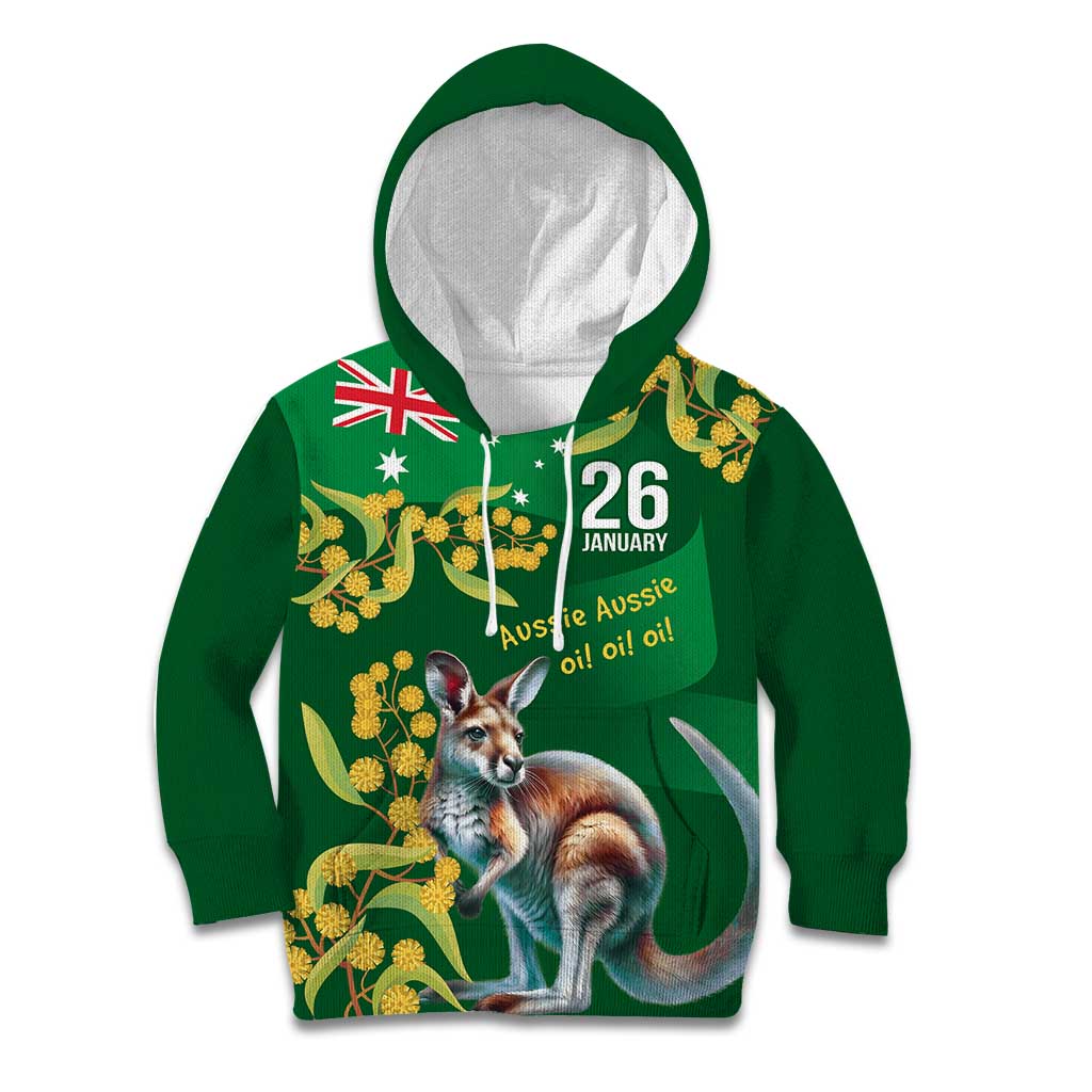 Green Kangaroo and Golden Wattle Personalised Kid Hoodie Happy Australia Day 6 January - Vibe Hoodie Shop