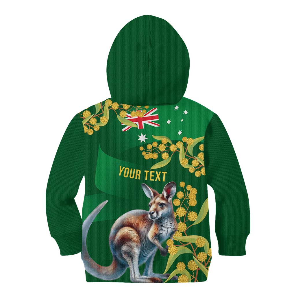 Green Kangaroo and Golden Wattle Personalised Kid Hoodie Happy Australia Day 6 January - Vibe Hoodie Shop