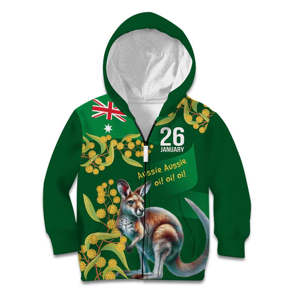 Green Kangaroo and Golden Wattle Personalised Kid Hoodie Happy Australia Day 6 January - Vibe Hoodie Shop