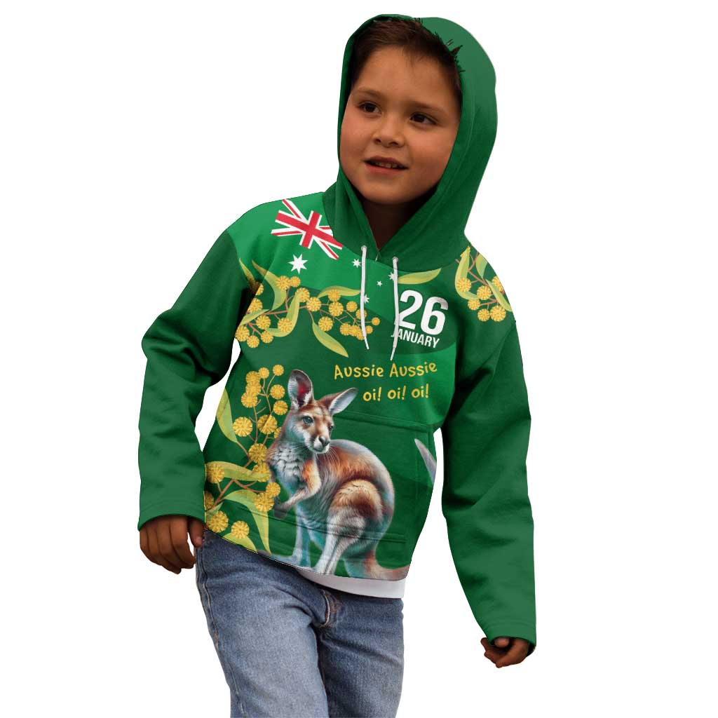 Green Kangaroo and Golden Wattle Personalised Kid Hoodie Happy Australia Day 6 January - Vibe Hoodie Shop