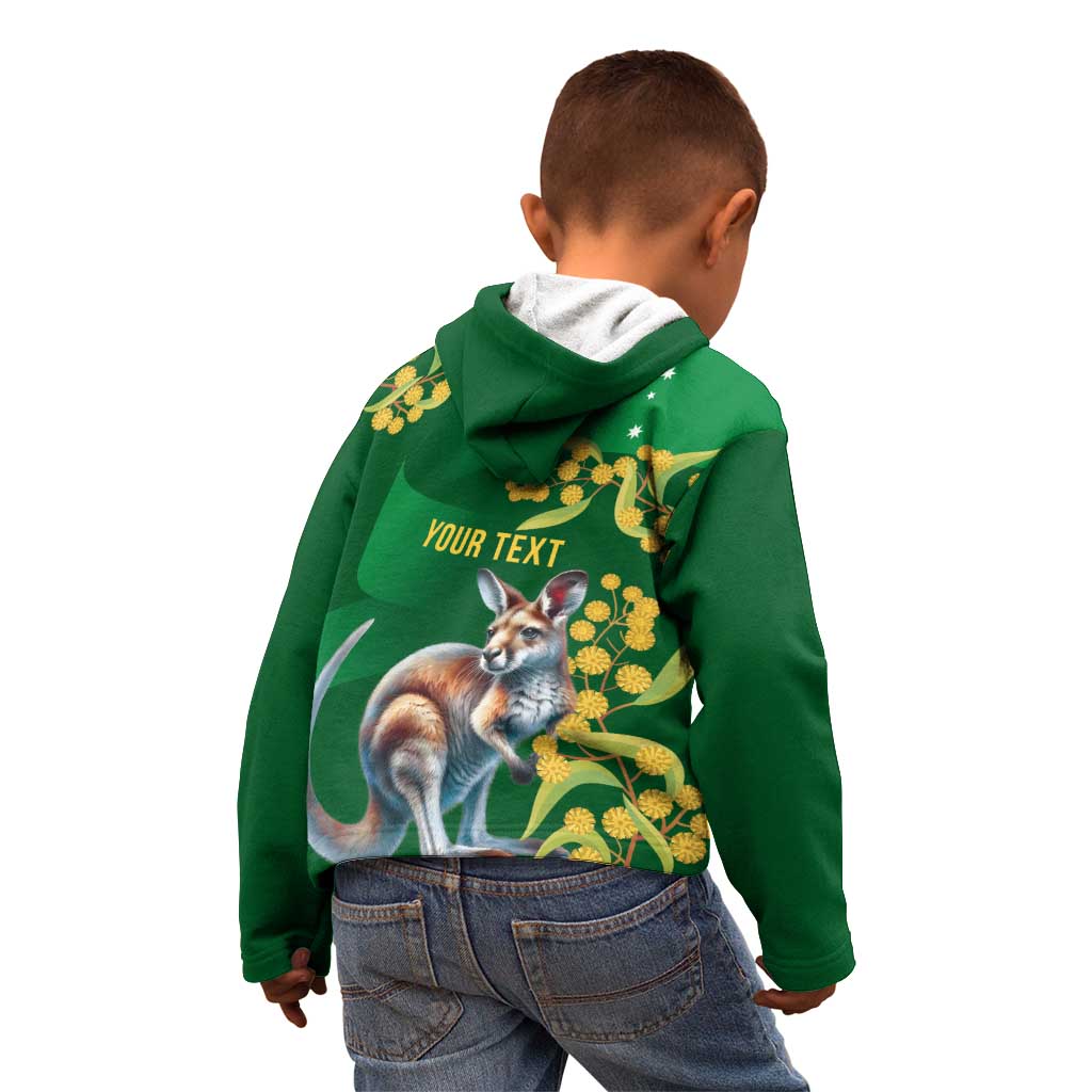 Green Kangaroo and Golden Wattle Personalised Kid Hoodie Happy Australia Day 6 January - Vibe Hoodie Shop