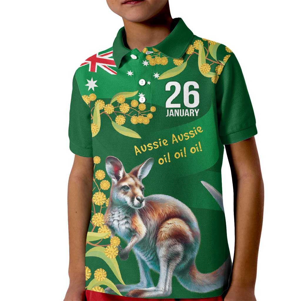 Green Kangaroo and Golden Wattle Personalised Kid Polo Shirt Happy Australia Day 6 January - Vibe Hoodie Shop