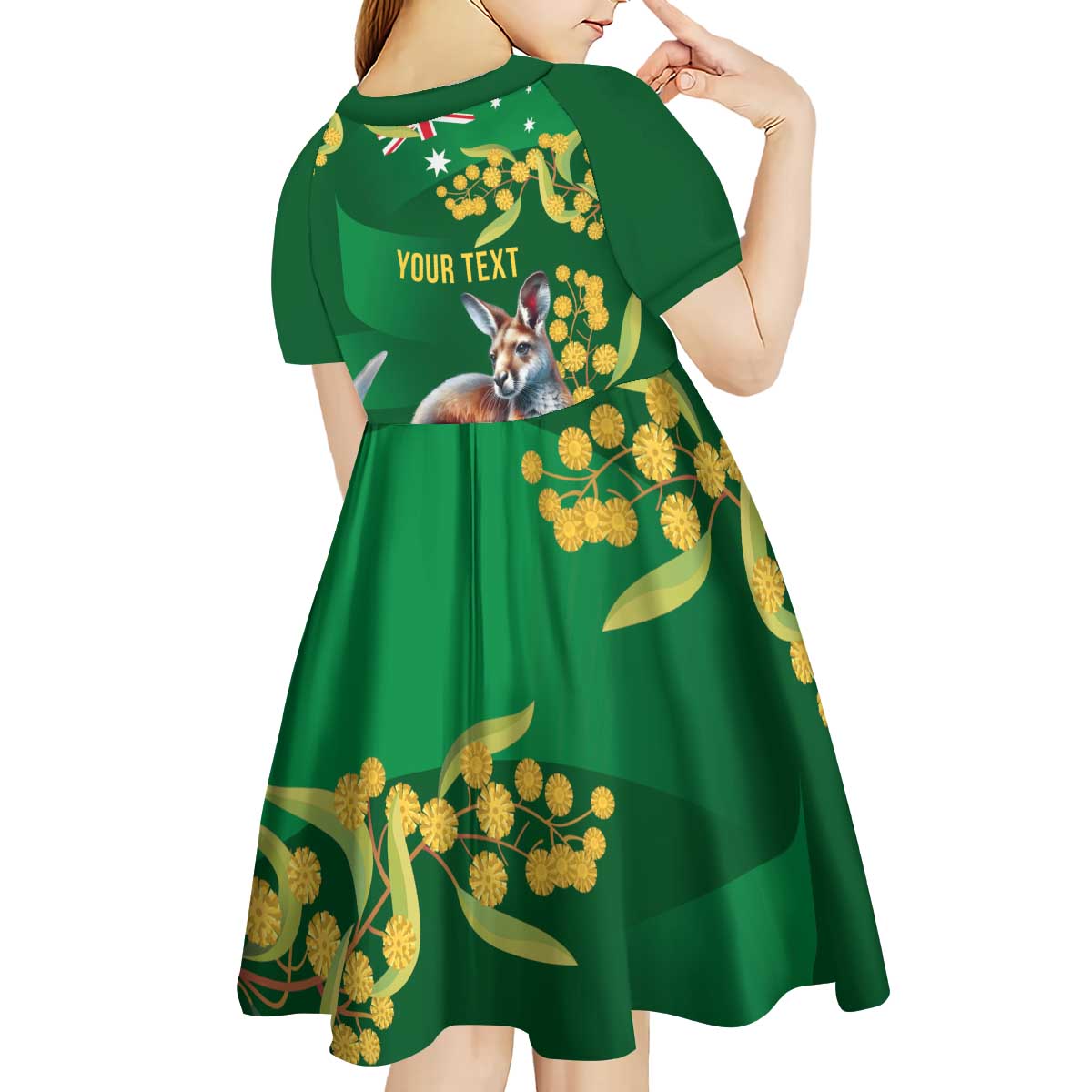 Green Kangaroo and Golden Wattle Personalised Kid Short Sleeve Dress Happy Australia Day 6 January - Vibe Hoodie Shop