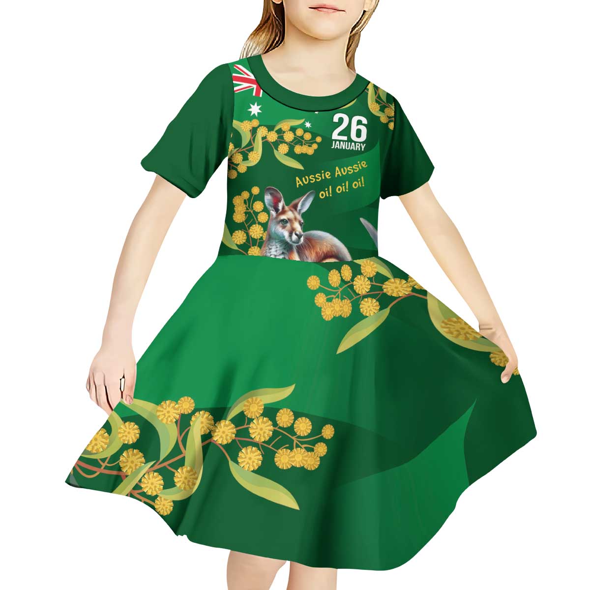 Green Kangaroo and Golden Wattle Personalised Kid Short Sleeve Dress Happy Australia Day 6 January - Vibe Hoodie Shop