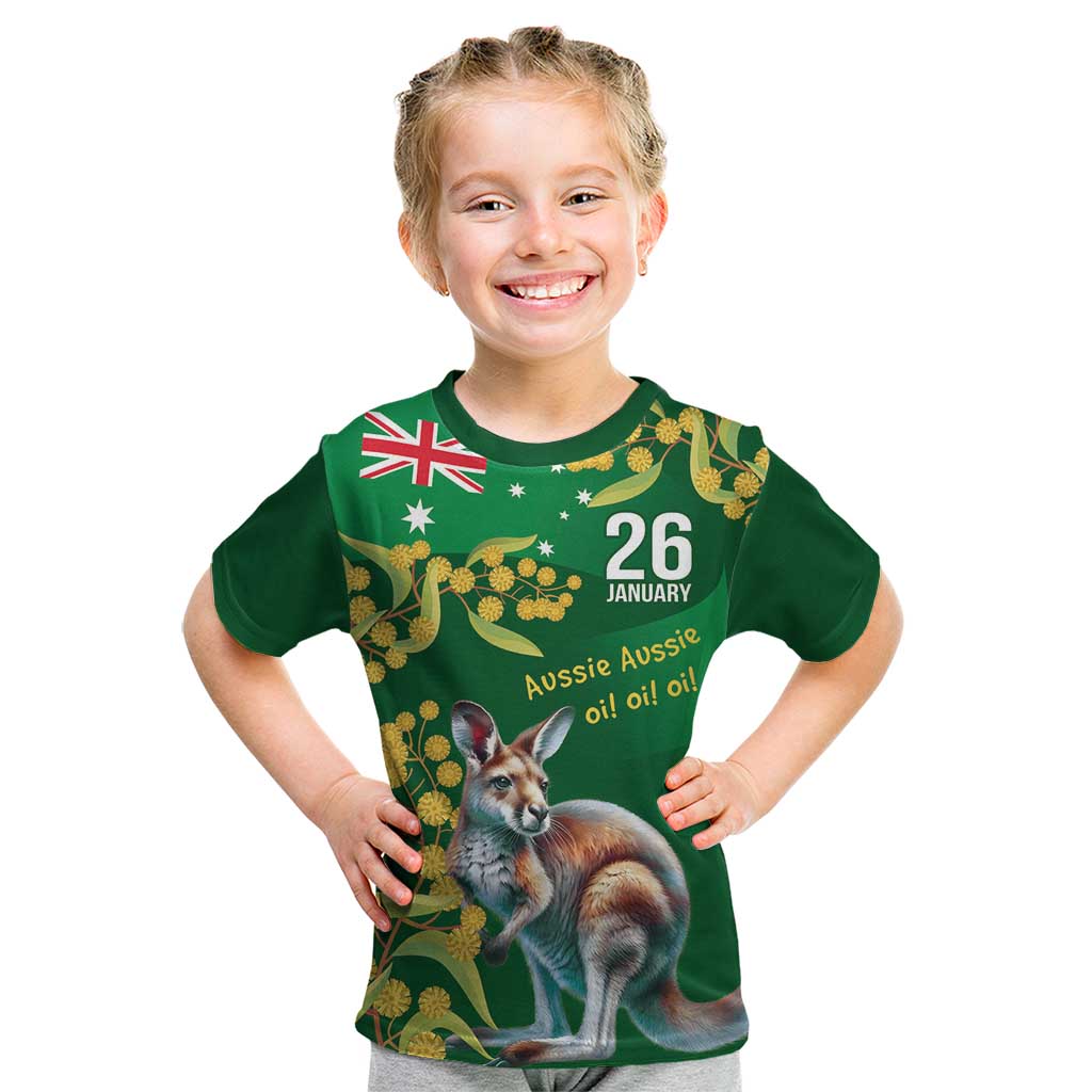 Green Kangaroo and Golden Wattle Personalised Kid T Shirt Happy Australia Day 6 January - Vibe Hoodie Shop