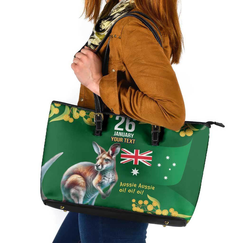 Green Kangaroo and Golden Wattle Personalised Leather Tote Bag Happy Australia Day 6 January