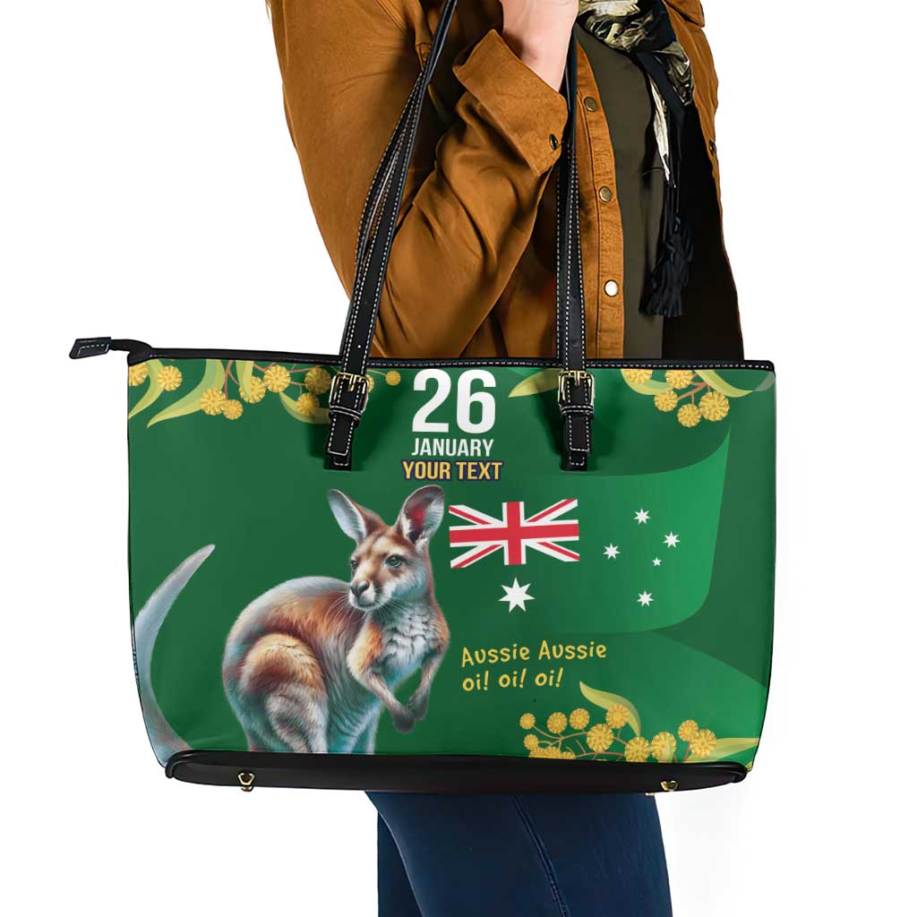 Green Kangaroo and Golden Wattle Personalised Leather Tote Bag Happy Australia Day 6 January