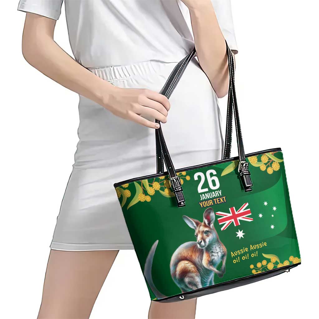 Green Kangaroo and Golden Wattle Personalised Leather Tote Bag Happy Australia Day 6 January