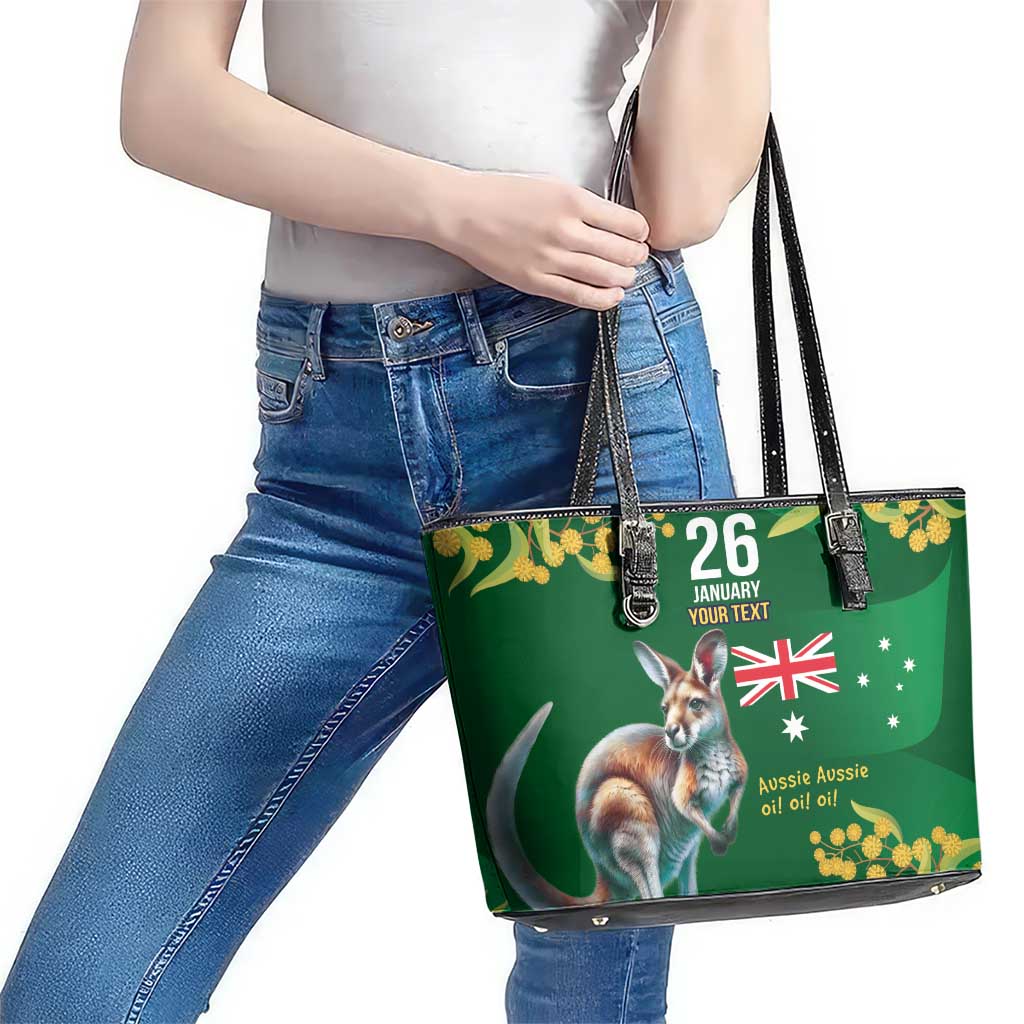 Green Kangaroo and Golden Wattle Personalised Leather Tote Bag Happy Australia Day 6 January