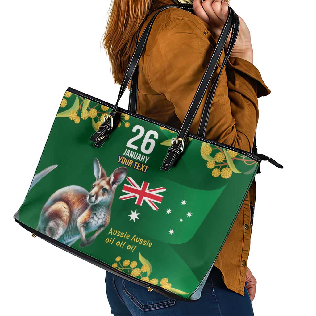 Green Kangaroo and Golden Wattle Personalised Leather Tote Bag Happy Australia Day 6 January