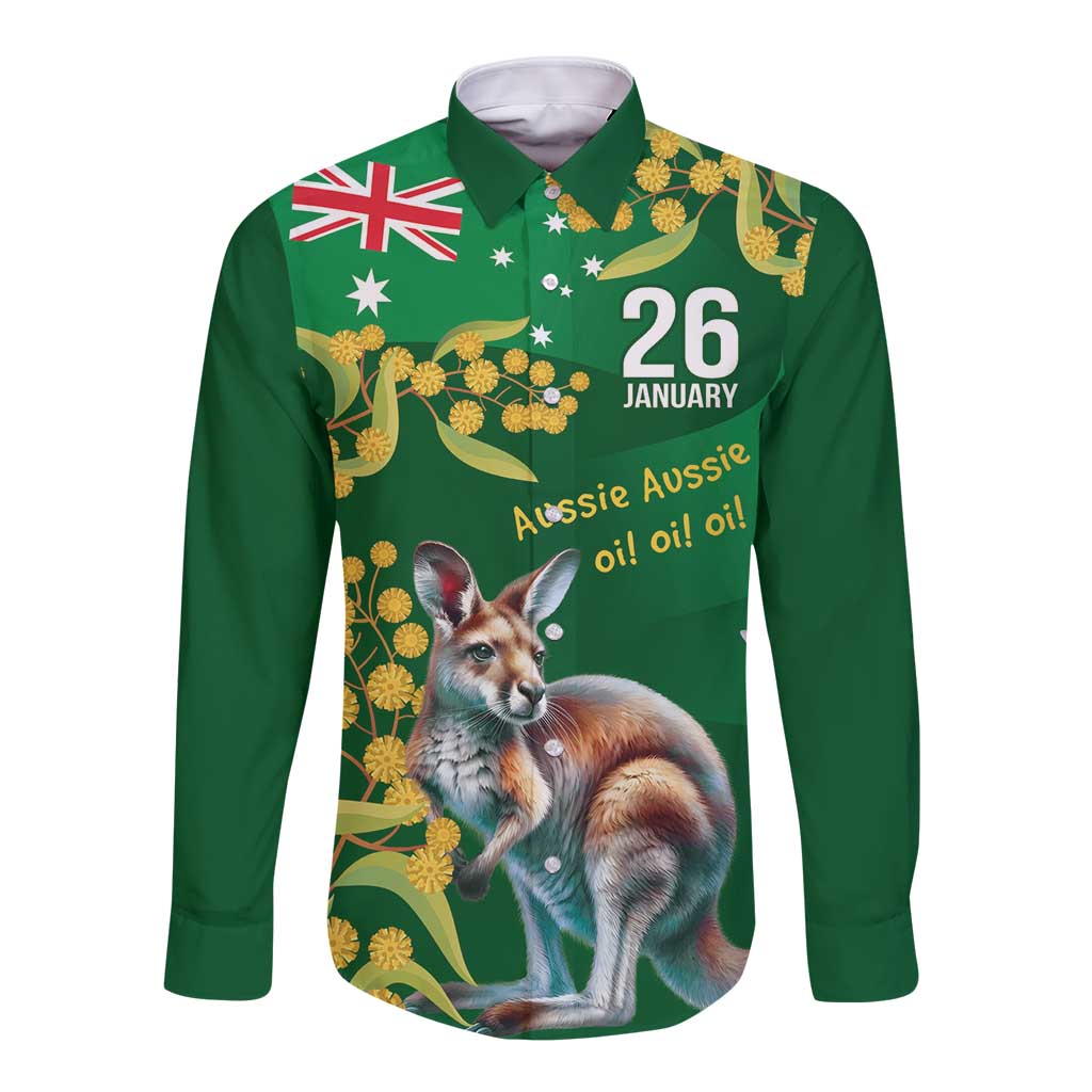 Green Kangaroo and Golden Wattle Personalised Long Sleeve Button Shirt Happy Australia Day 6 January - Vibe Hoodie Shop