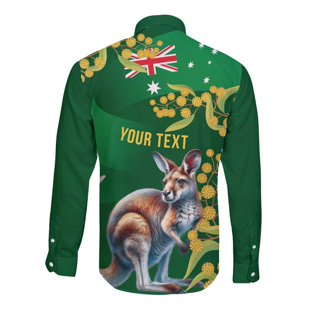 Green Kangaroo and Golden Wattle Personalised Long Sleeve Button Shirt Happy Australia Day 6 January - Vibe Hoodie Shop