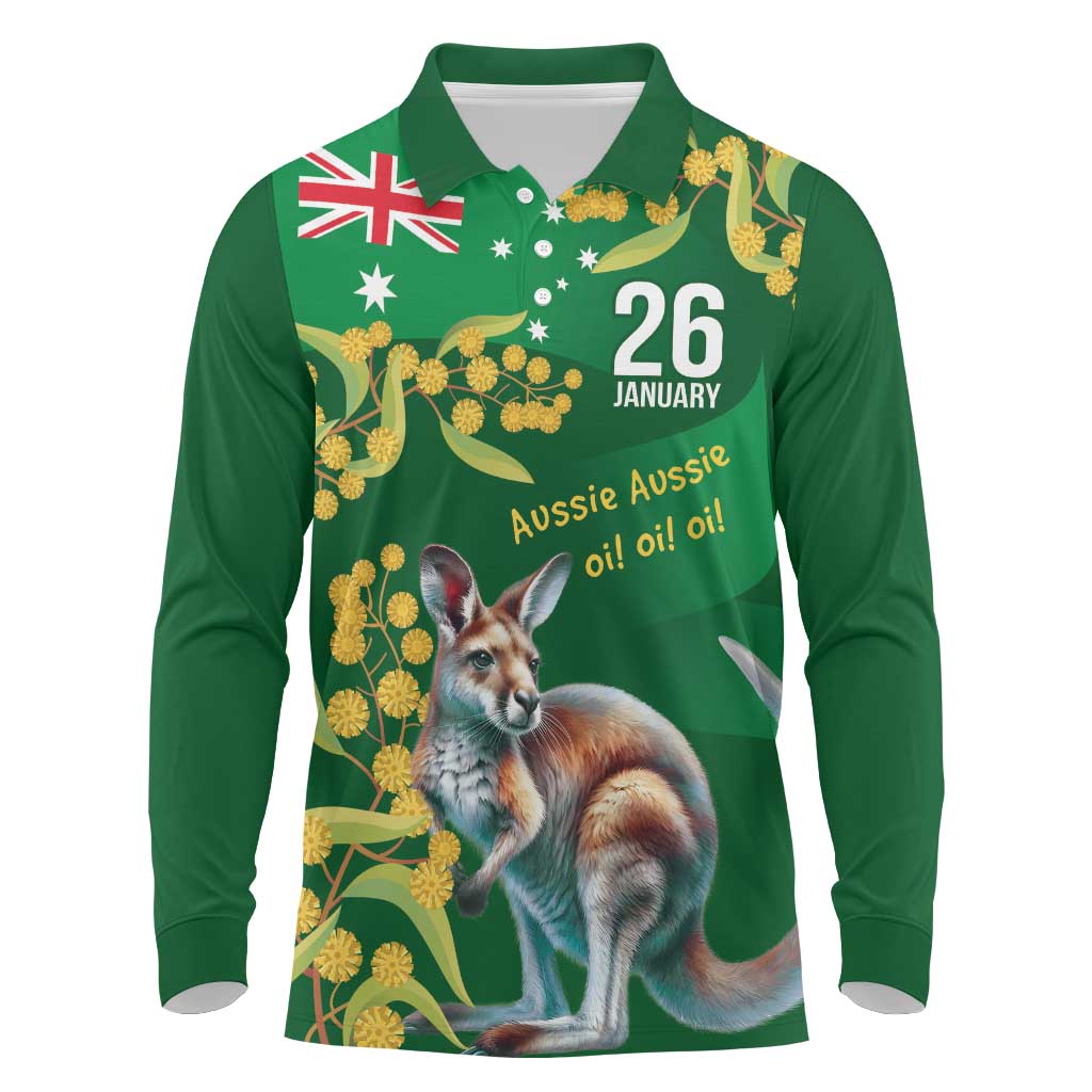 Green Kangaroo and Golden Wattle Personalised Long Sleeve Polo Shirt Happy Australia Day 6 January