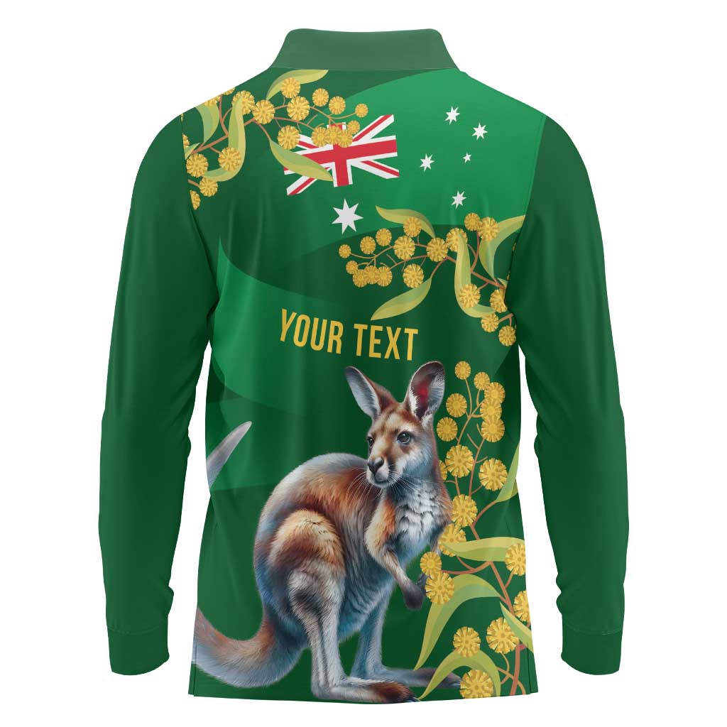 Green Kangaroo and Golden Wattle Personalised Long Sleeve Polo Shirt Happy Australia Day 6 January