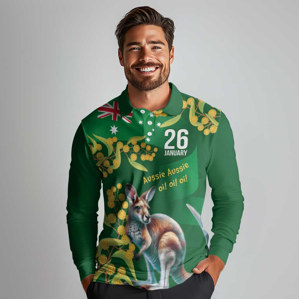 Green Kangaroo and Golden Wattle Personalised Long Sleeve Polo Shirt Happy Australia Day 6 January